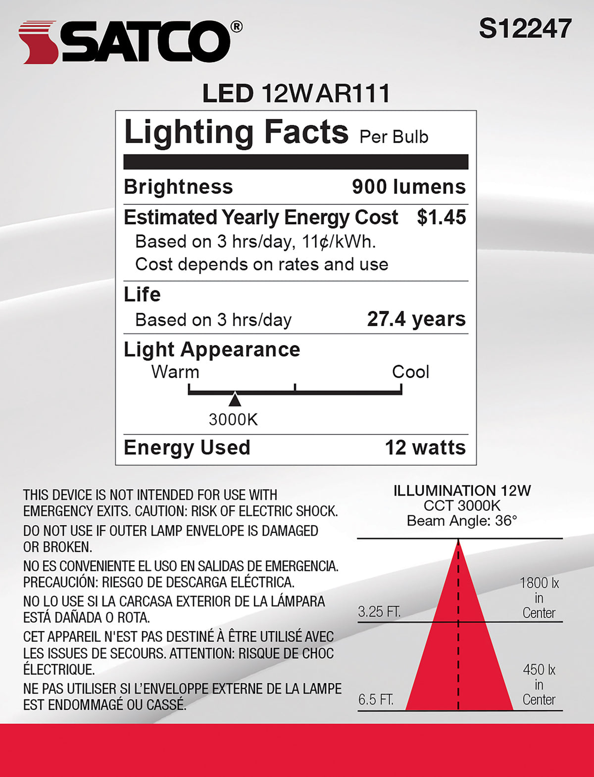 12 Watt - AR111 - COB LED - 900 Lumens - G53 Base - 80 CRI - 3000K - 12 Volt - 36 Degree - Floodlight Bulb