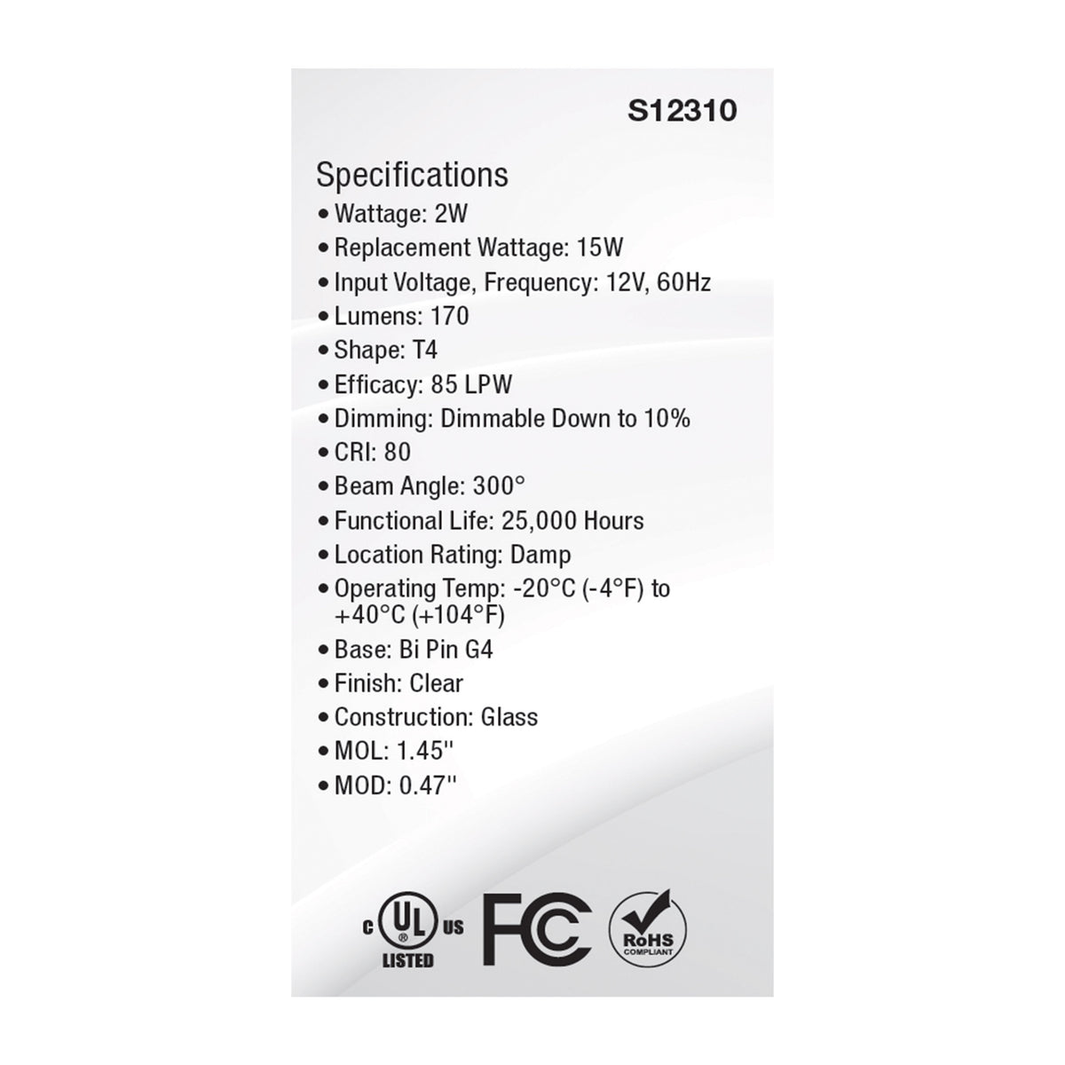 2 Watt T4 LED - Clear Finish - Bi Pin G4 Base - 3000K - 12 Volt