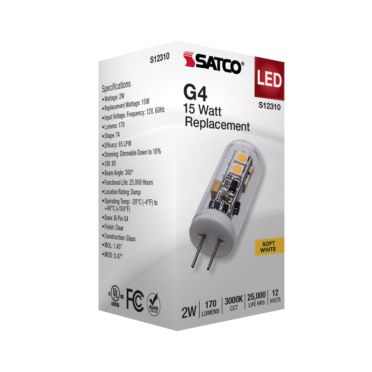 2 Watt T4 LED - Clear Finish - Bi Pin G4 Base - 3000K - 12 Volt