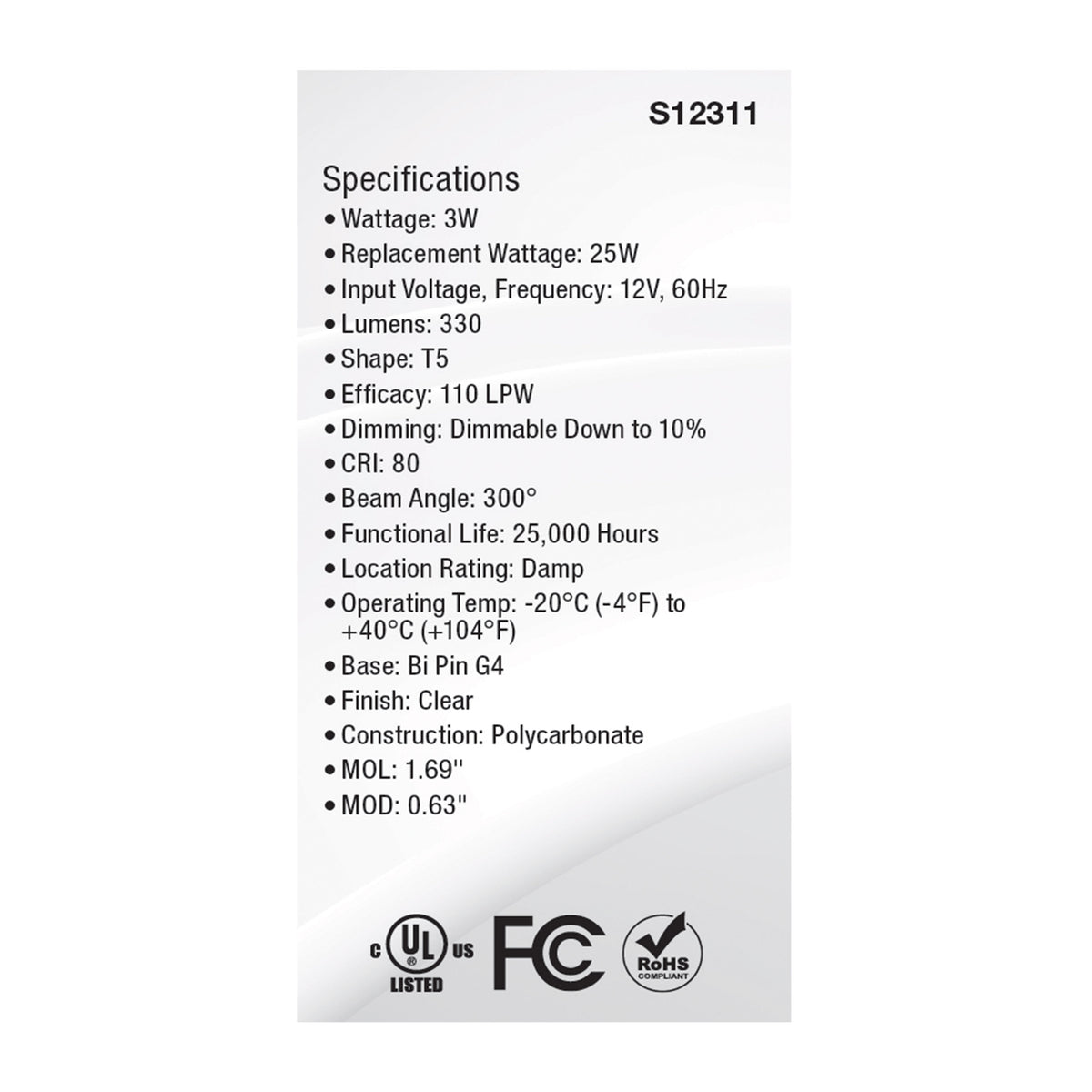 3 Watt T5 LED - Clear Finish - Bi Pin G4 Base - 3000K - 12 Volt