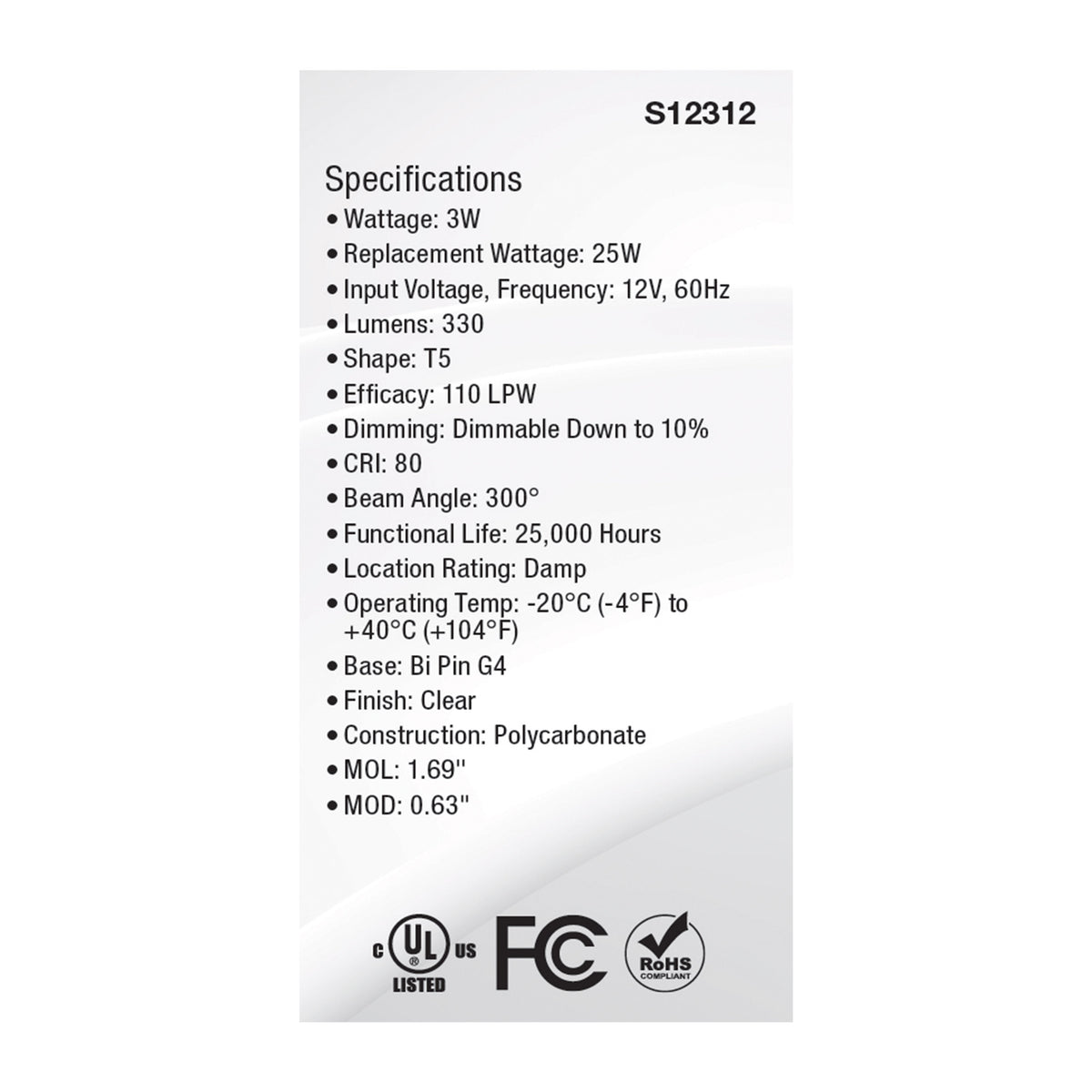 3 Watt T5 LED - Clear Finish - Bi Pin G4 Base - 5000K - 12 Volt