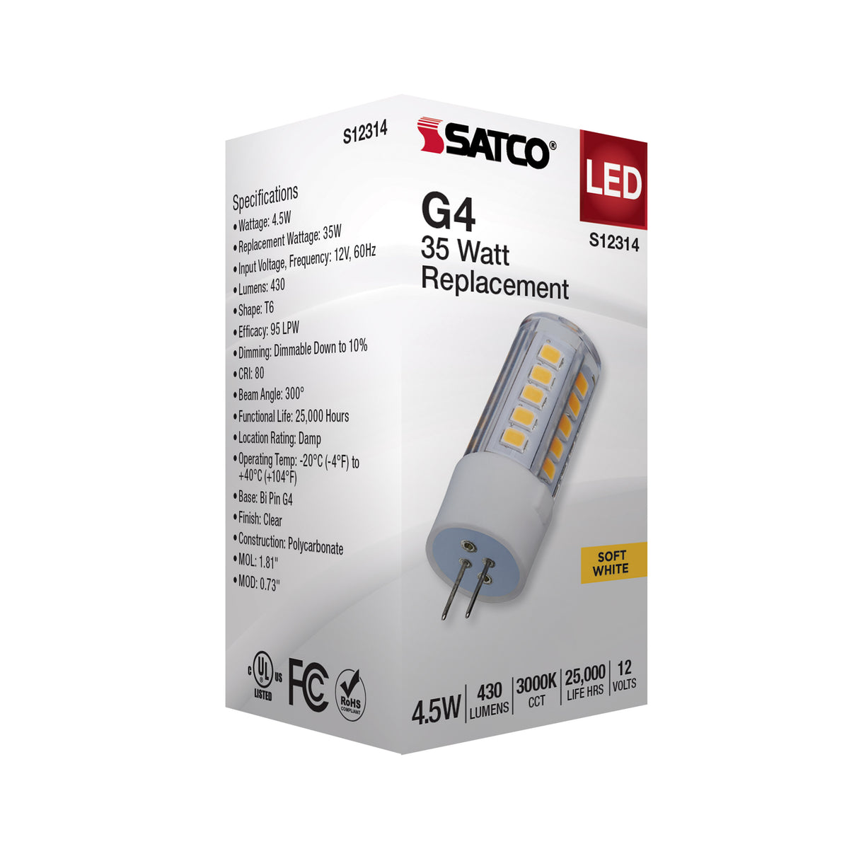 4.5 Watt T6 LED - Clear Finish - Bi Pin G4 Base - 3000K - 12 Volt