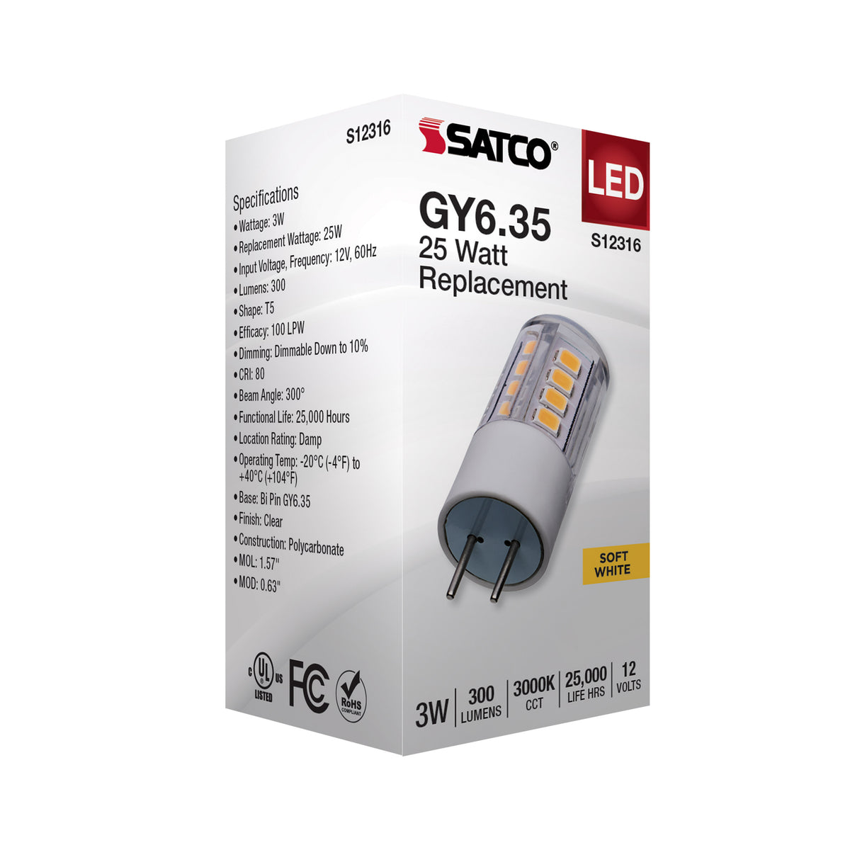 3 Watt T5 LED - Clear Finish - GY6.35 Base - 3000K - 12 Volt