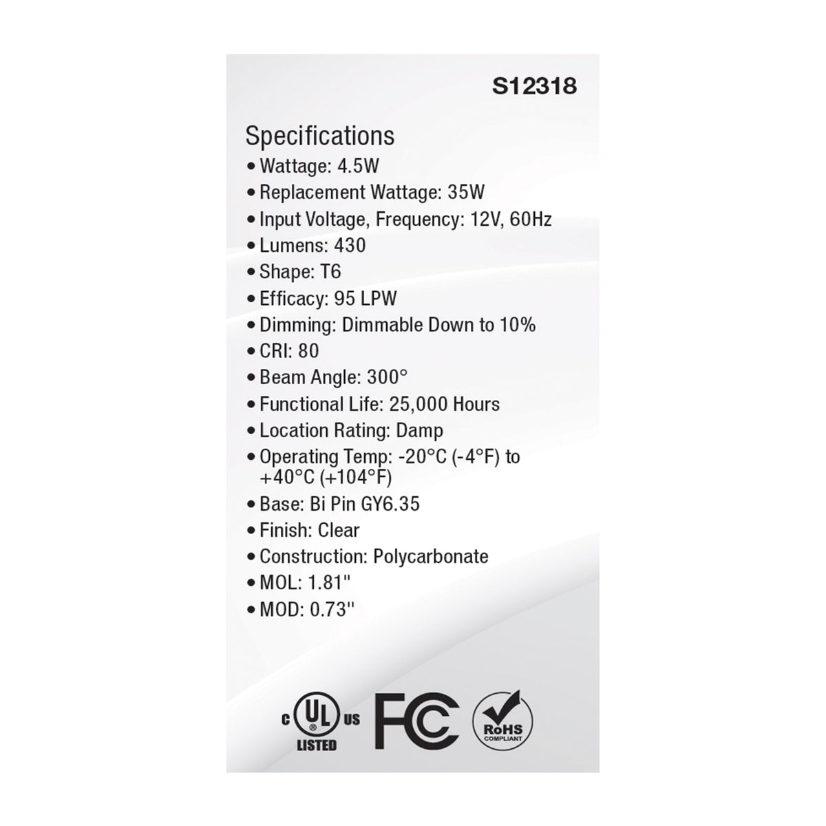 4.5 Watt T6 LED - Clear Finish - GY6.35 Base - 3000K - 12 Volt