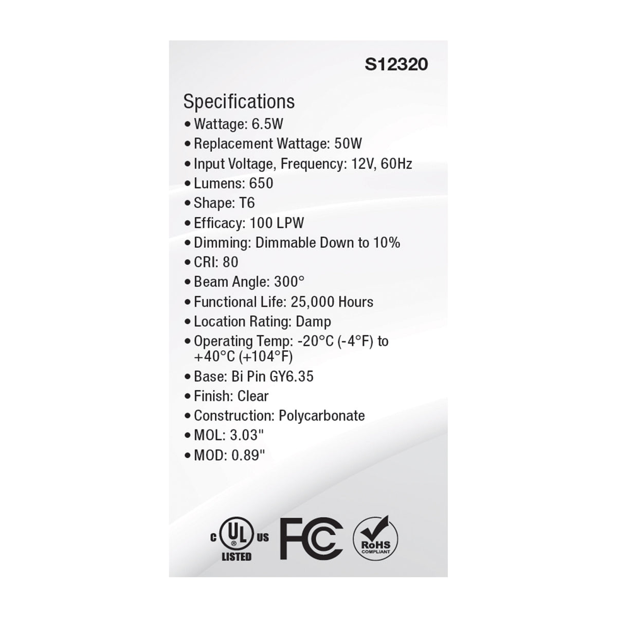 6.5 Watt T6 LED - Clear Finish - GY6.35 Base - 3000K - 12 Volt