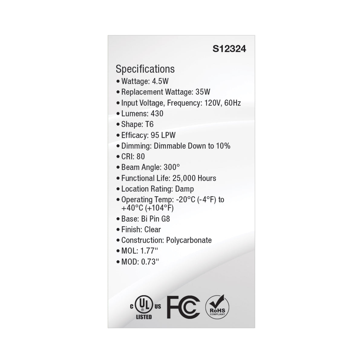 4.5 Watt T6 LED - Clear Finish - G8 Base - 3000K - 120 Volt