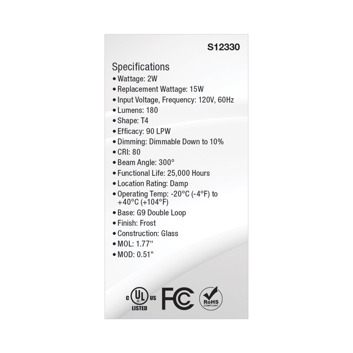 2 Watt T4 LED - Frost Finish - G9 Base - 3000K - 120 Volt