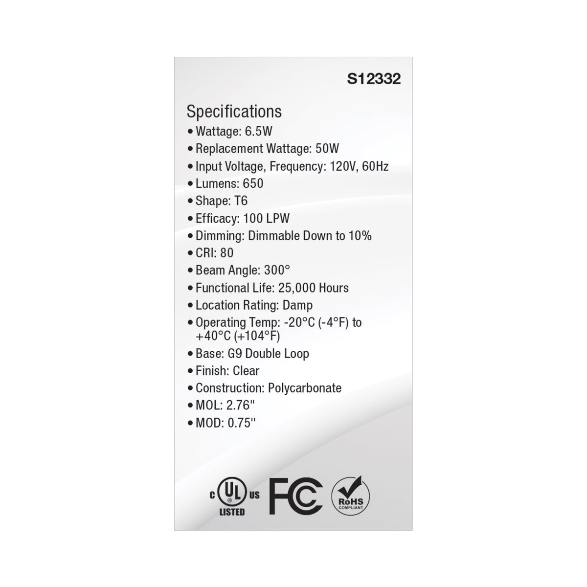 6.5 Watt T6 LED - Clear Finish - G9 Base - 5000K - 120 Volt