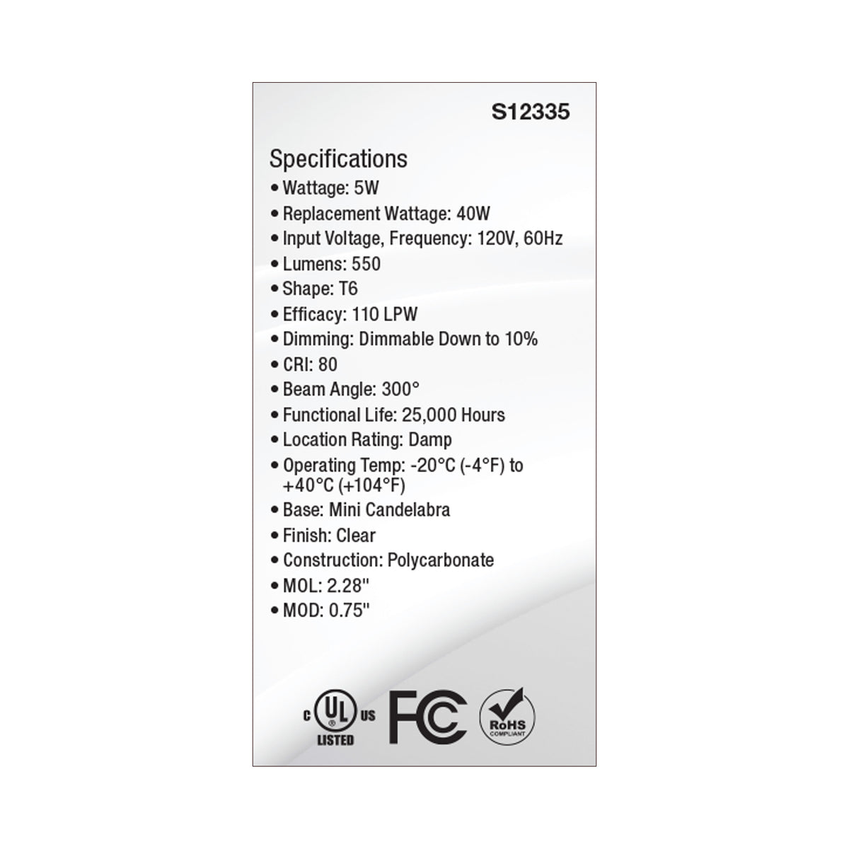 5 Watt T6 LED - Clear Finish - E11 Base - 5000K - 120 Volt
