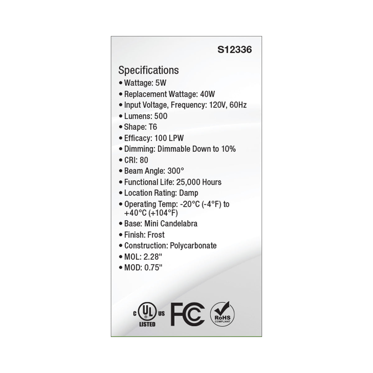 5 Watt T6 LED - Frost Finish - E11 Base - 3000K - 120 Volt