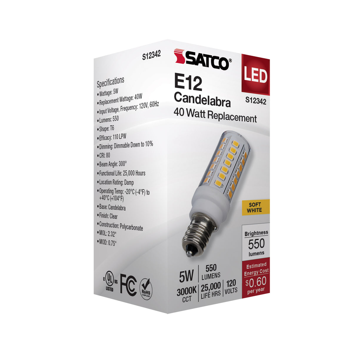 5 Watt T6 LED - Clear Finish - E12 Base - 3000K - 120 Volt