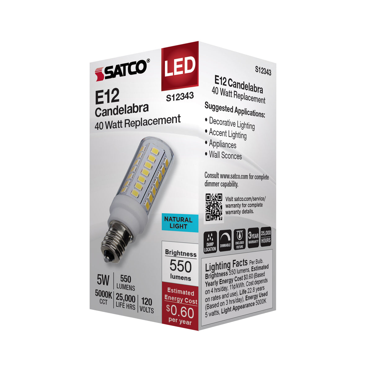 5 Watt T6 LED - Clear Finish - E12 Base - 5000K - 120 Volt