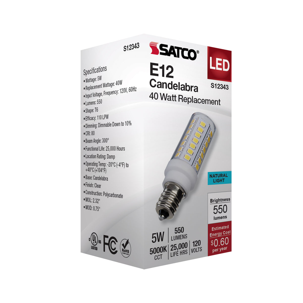 5 Watt T6 LED - Clear Finish - E12 Base - 5000K - 120 Volt