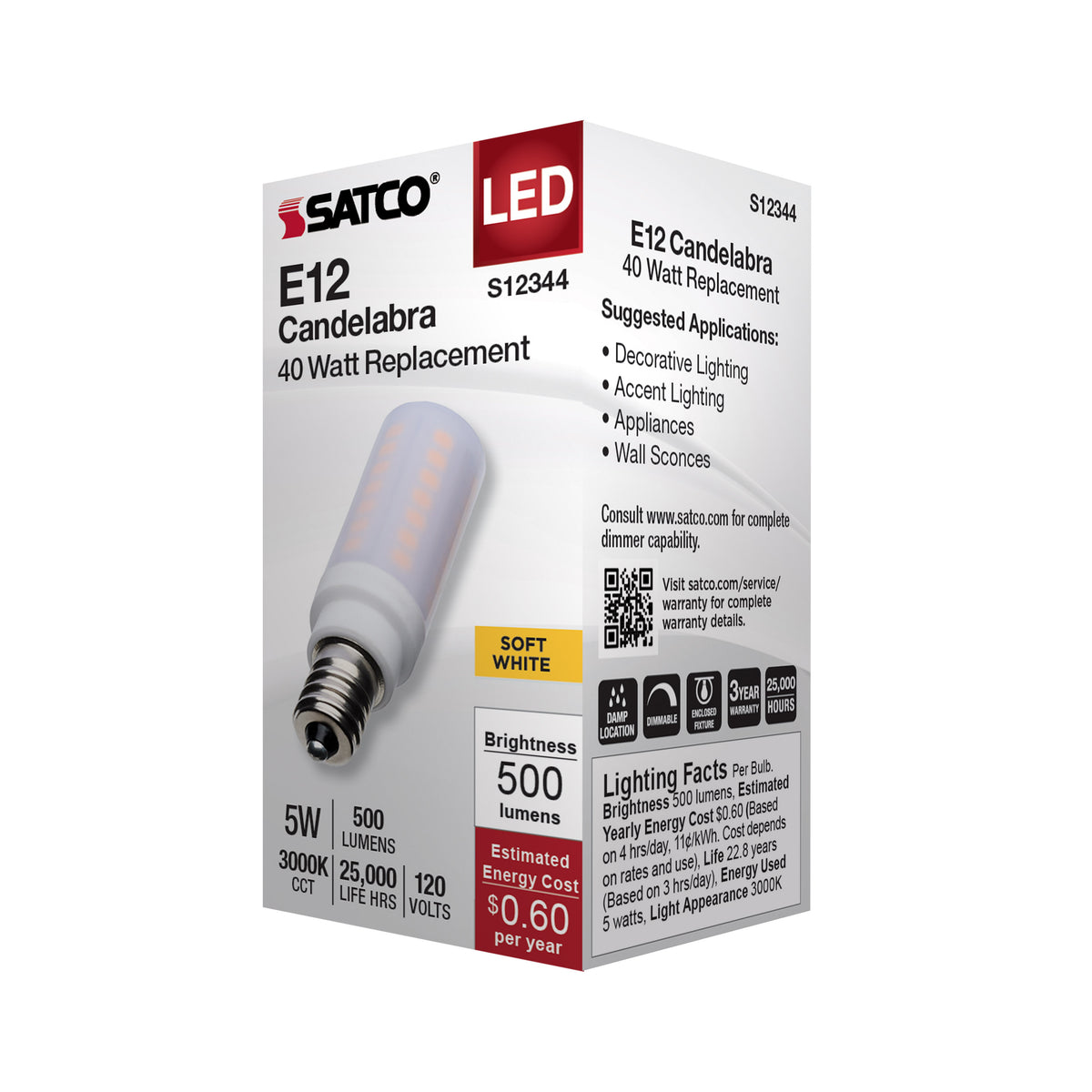 5 Watt T6 LED - Frost Finish - E12 Base - 3000K - 120 Volt