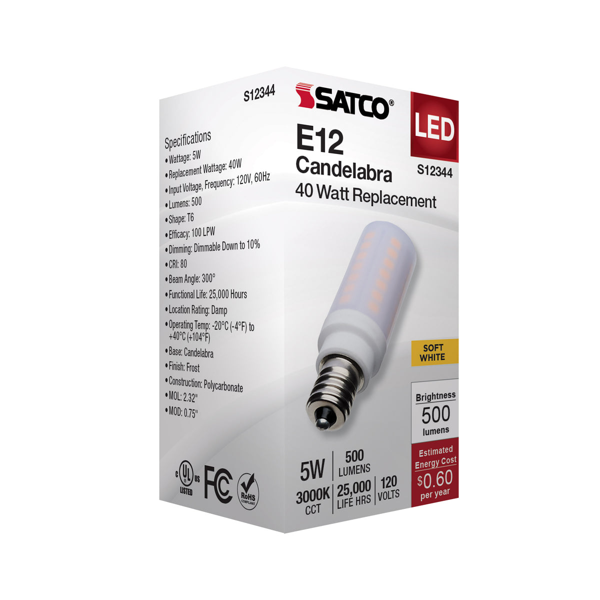 5 Watt T6 LED - Frost Finish - E12 Base - 3000K - 120 Volt