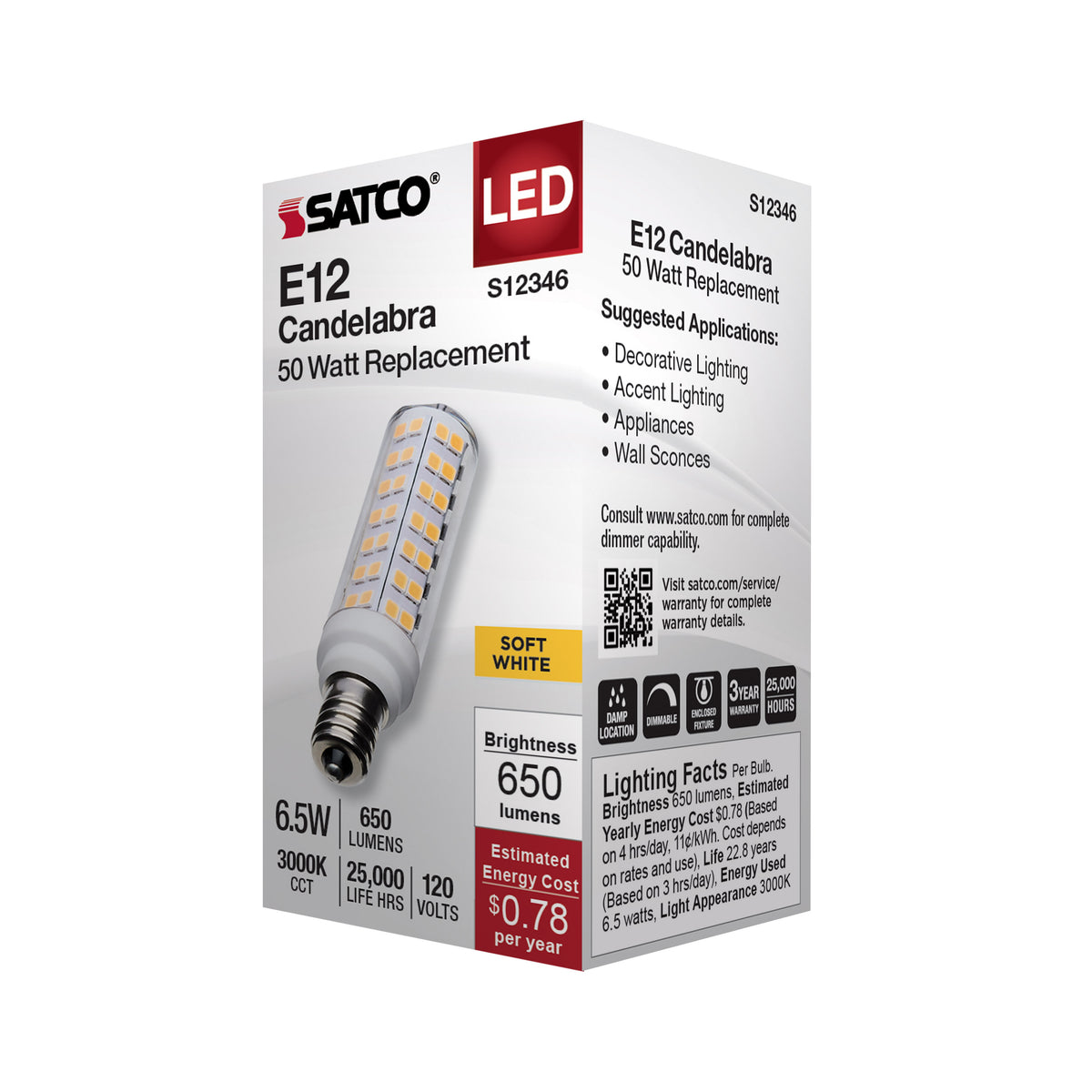 6.5 Watt T6 LED - Clear Finish - E12 Base - 3000K - 120 Volt