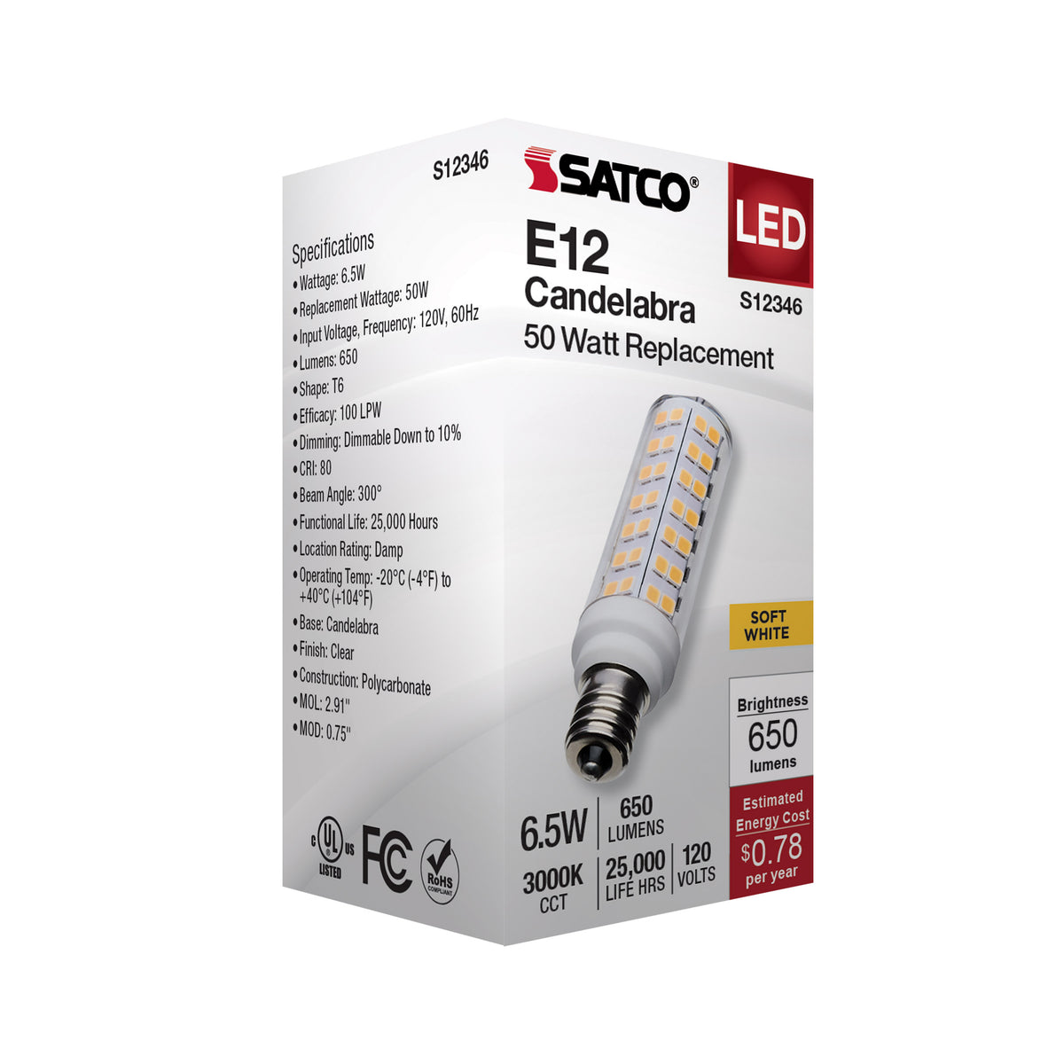 6.5 Watt T6 LED - Clear Finish - E12 Base - 3000K - 120 Volt