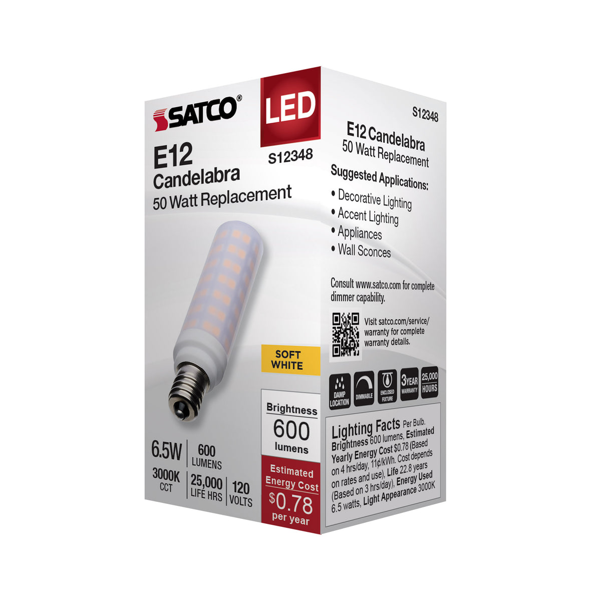 6.5 Watt T6 LED - Frost Finish - E12 Base - 3000K - 120 Volt