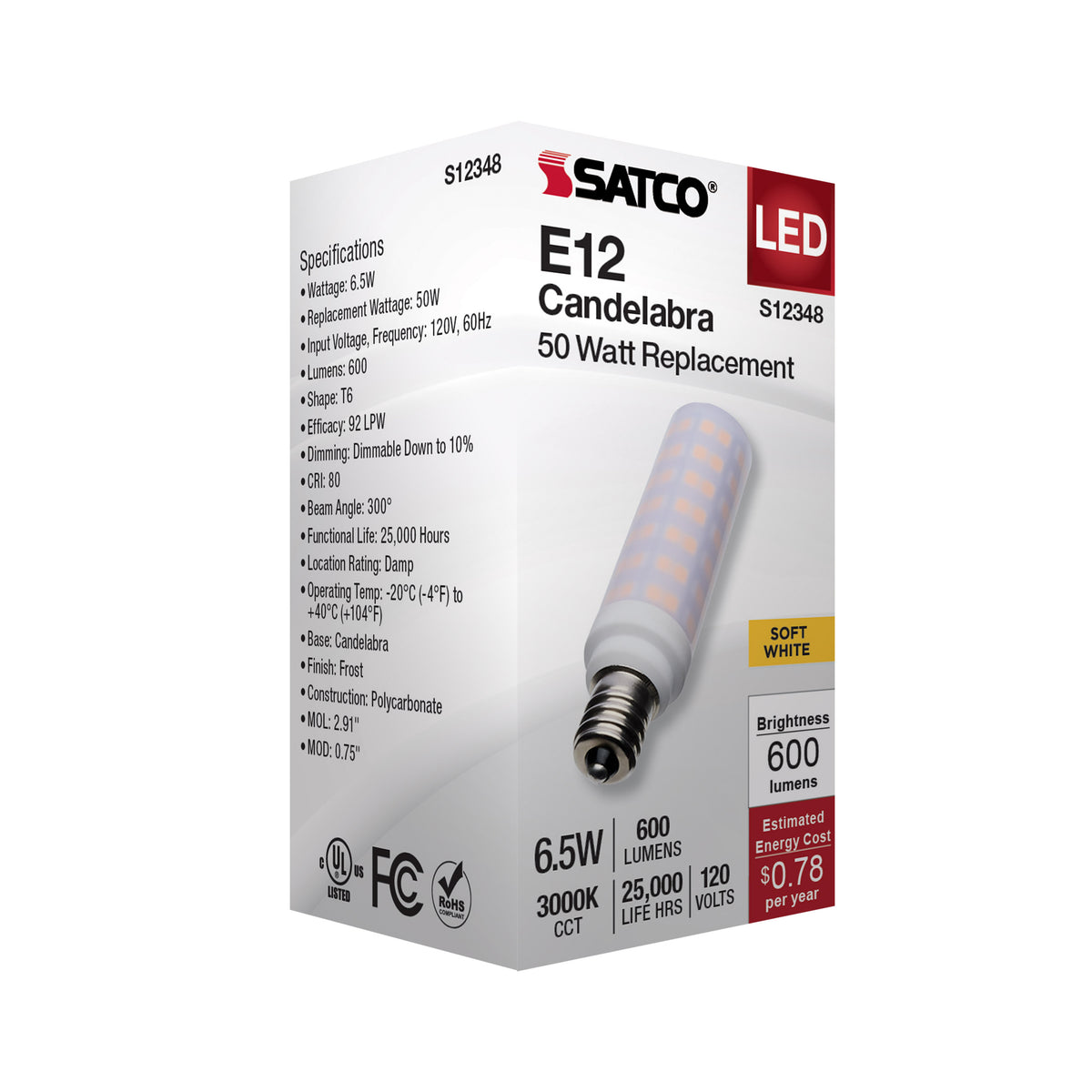 6.5 Watt T6 LED - Frost Finish - E12 Base - 3000K - 120 Volt