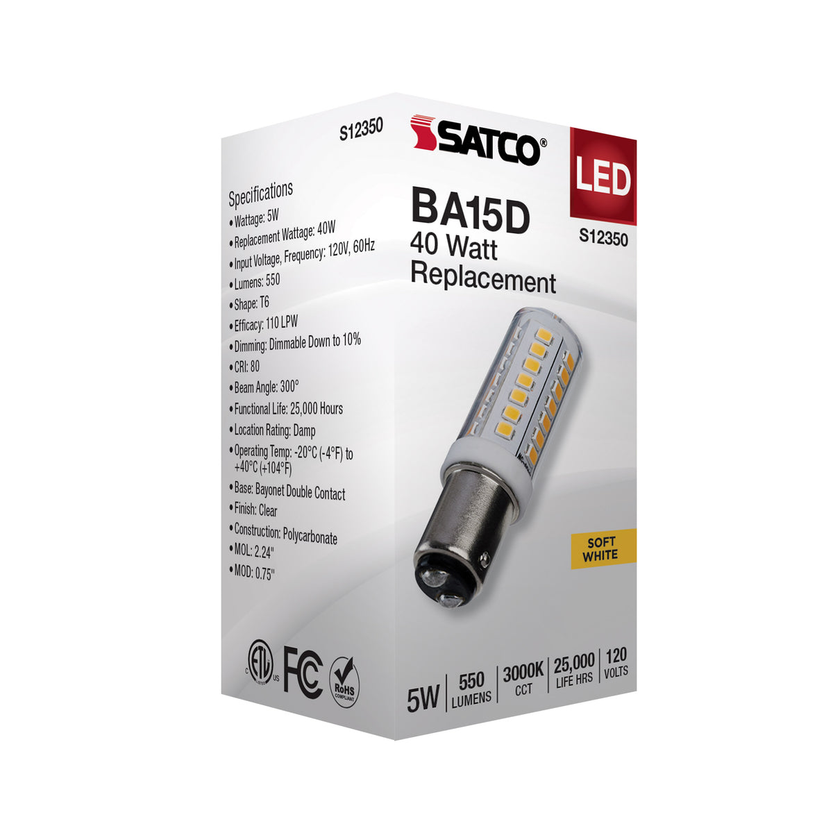 5 Watt T6 LED - Clear Finish - DC Base - 3000K - 120 Volt