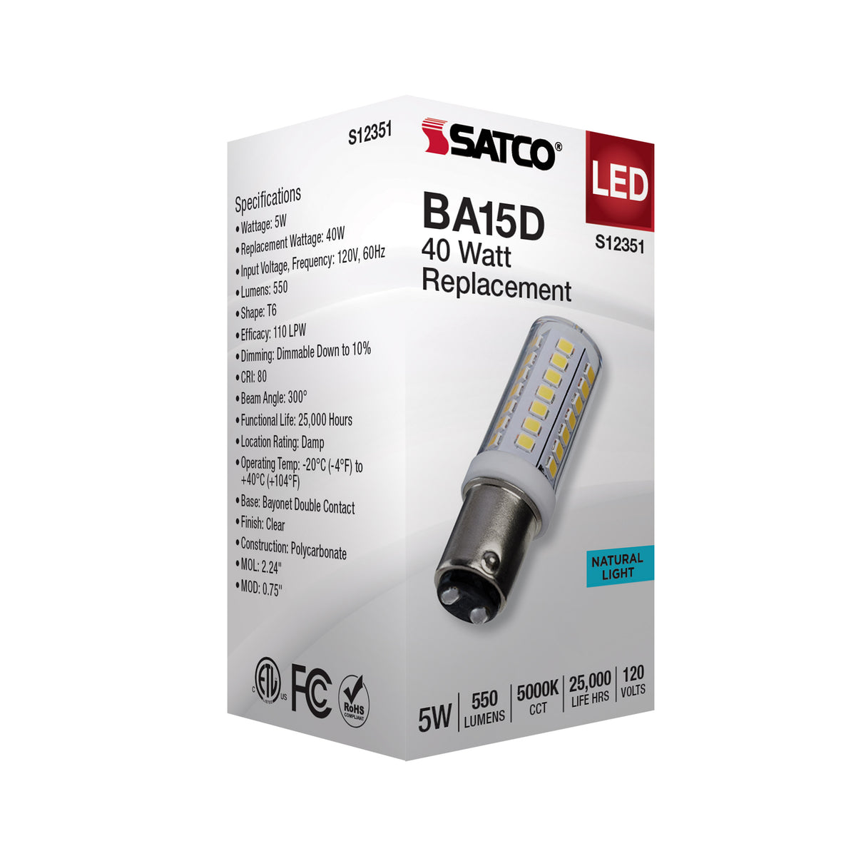 5 Watt T6 LED - Clear Finish - DC Base - 5000K - 120 Volt