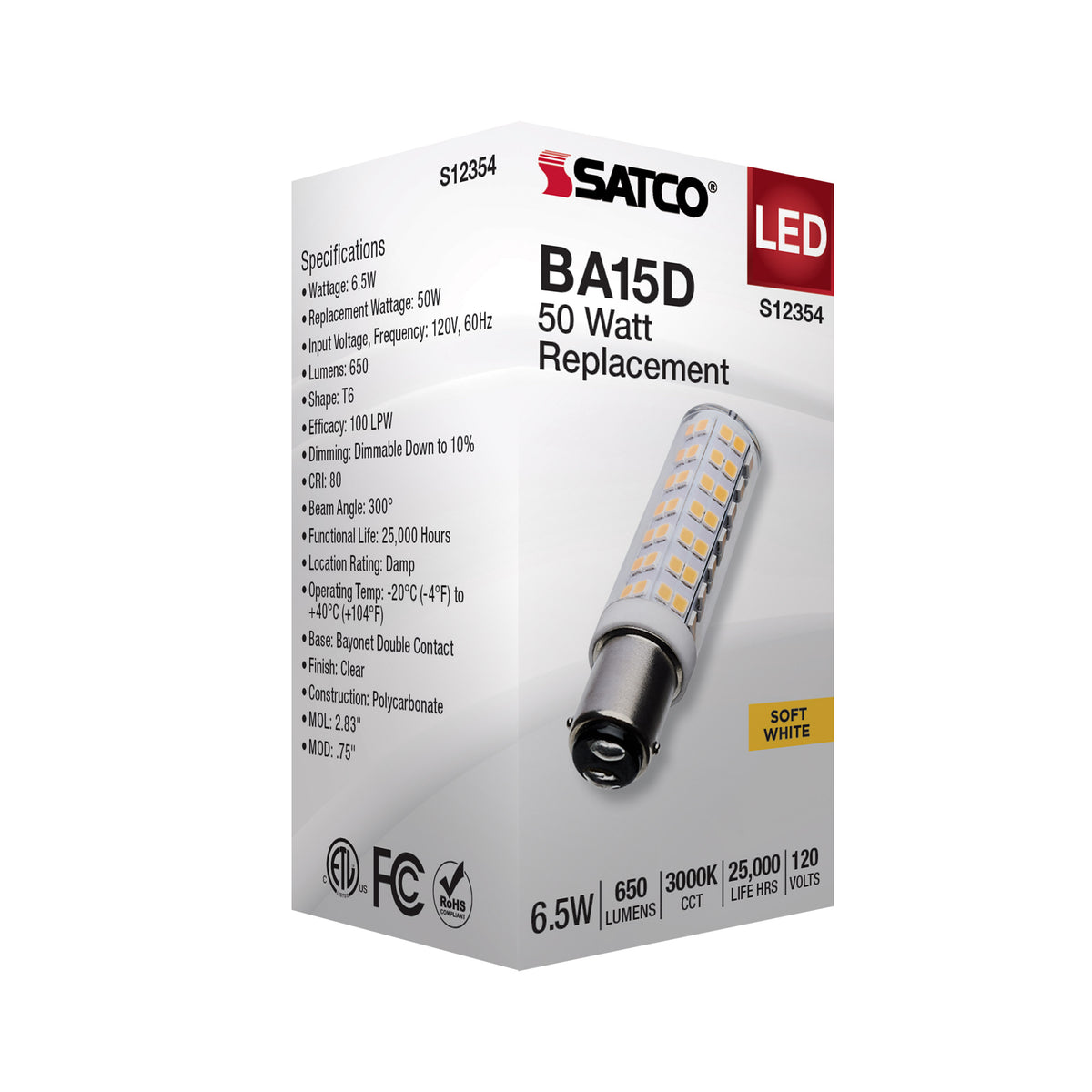 6.5 Watt T6 LED - Clear Finish - DC Base - 3000K - 120 Volt