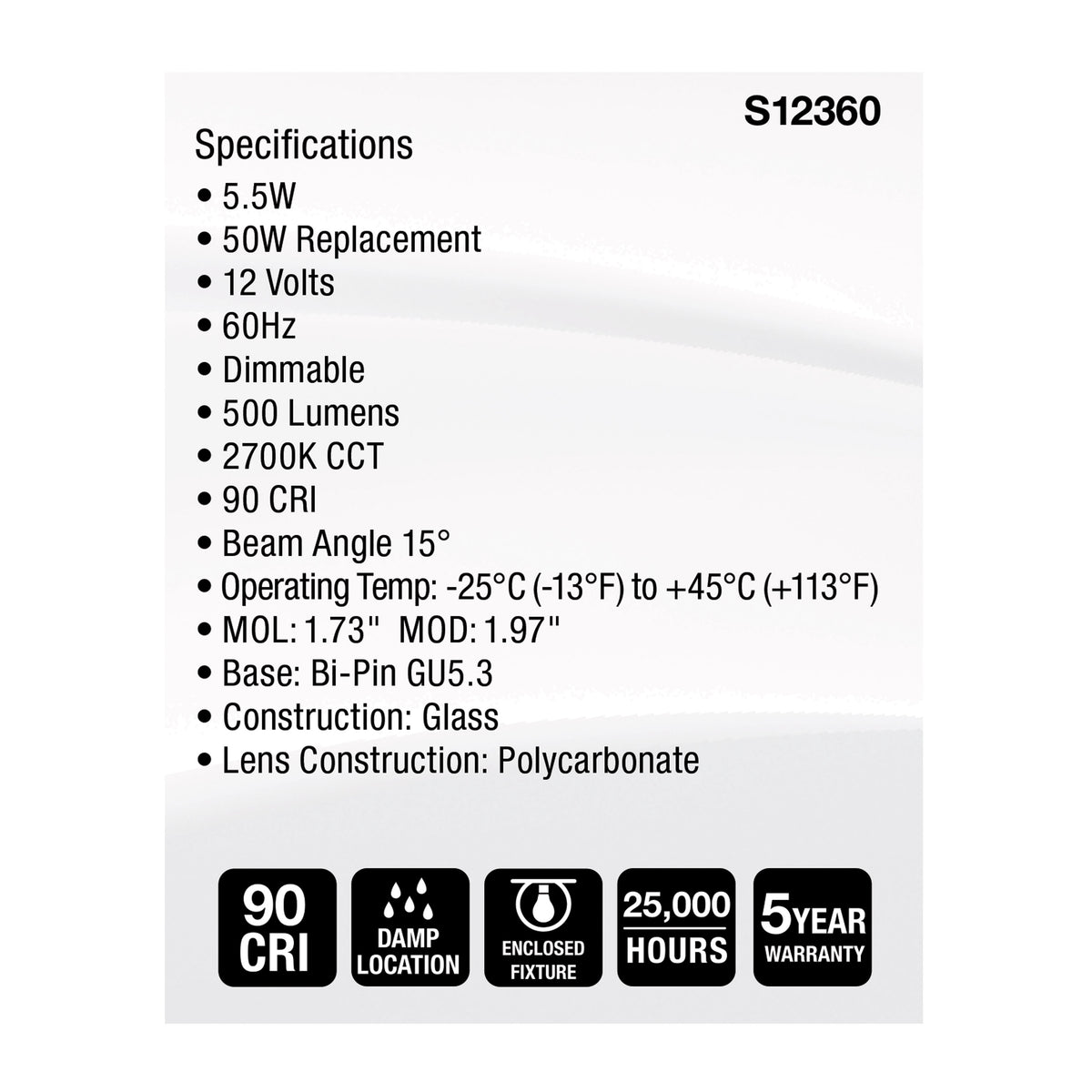 5.5 Watt MR16 LED Spotlight - 2700K CCT - GU5.3 Base - 12 Volt