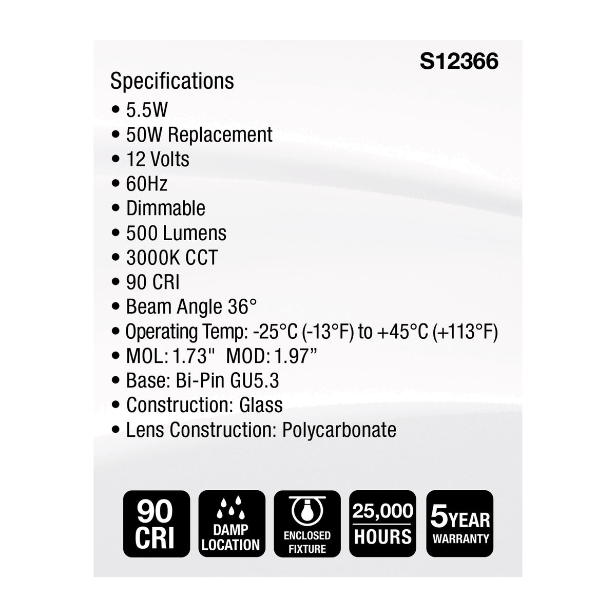 5.5 Watt MR16 LED Floodlight - 3000K CCT - GU5.3 Base - 12 Volt