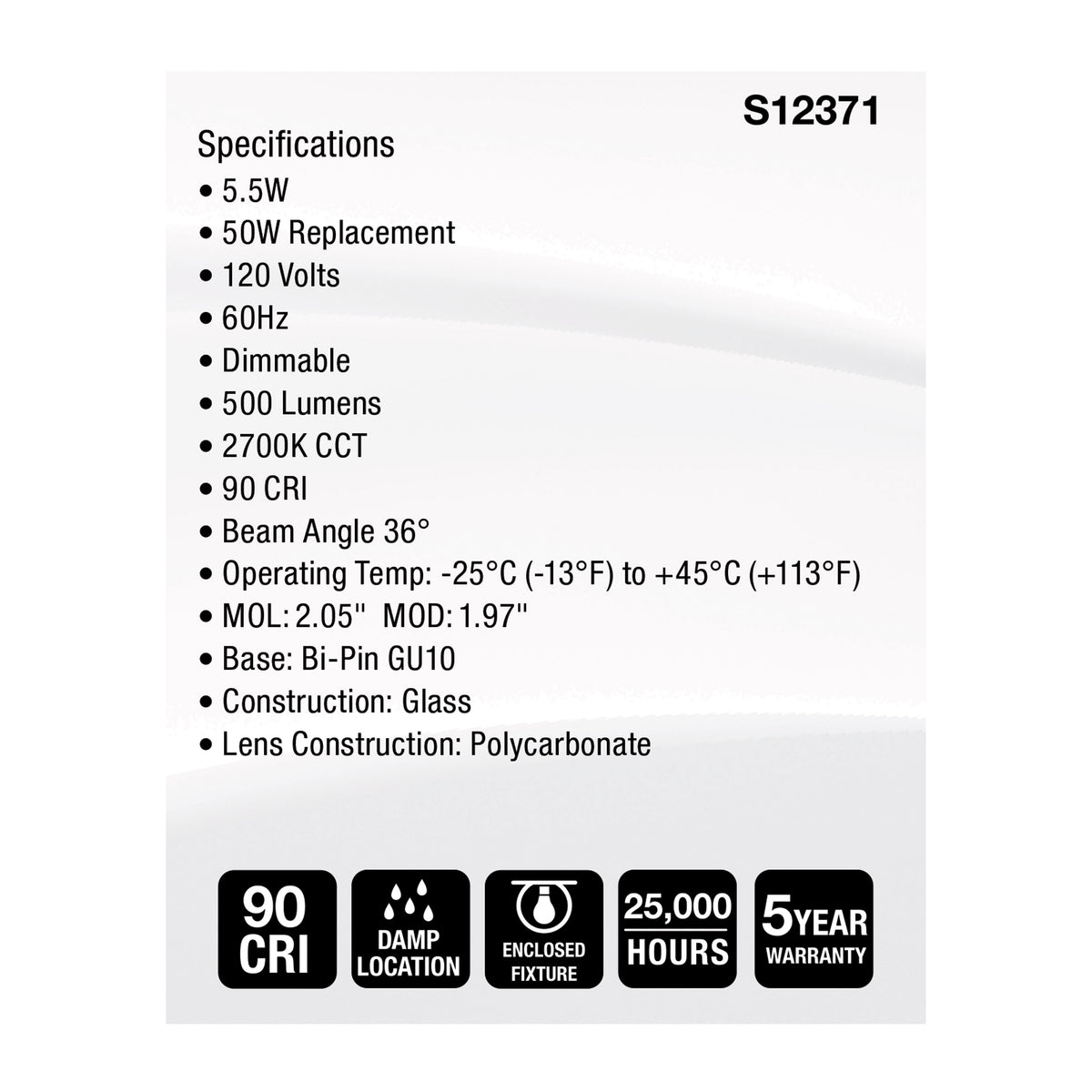 5.5 Watt MR16 LED Floodlight - 2700K CCT - GU10 Base - 120 Volt
