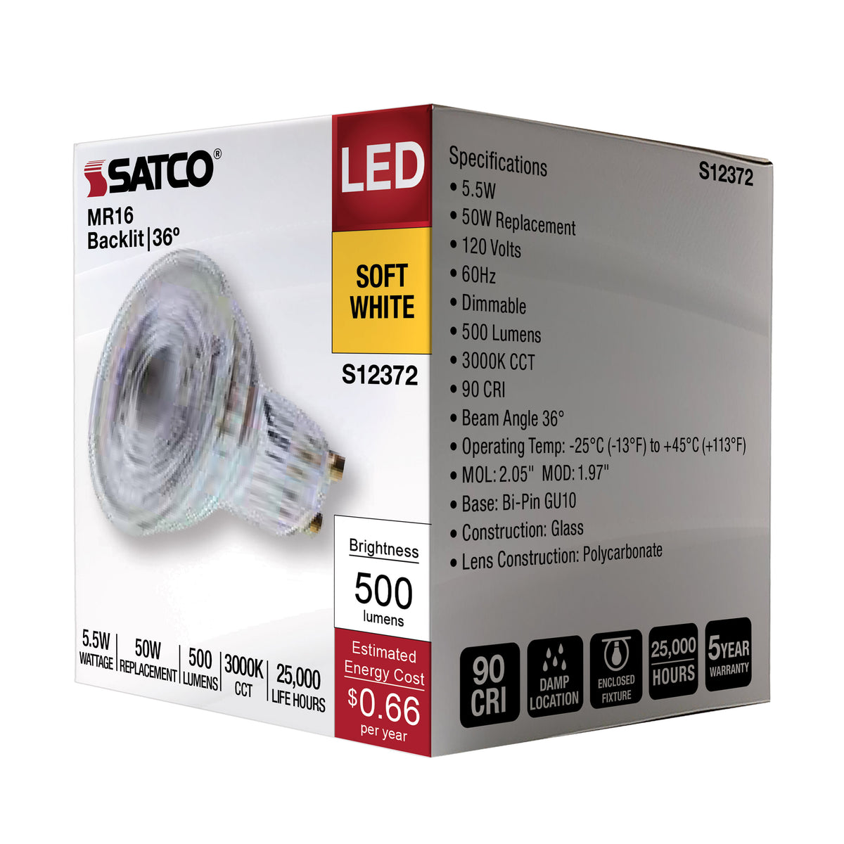 5.5 Watt MR16 LED Floodlight - 3000K CCT - GU10 Base - 120 Volt