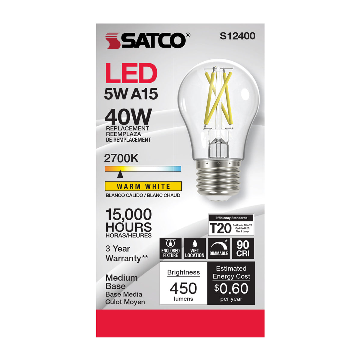 5 Watt A15 LED Filament - Clear - Medium Base - 2700K - 90 CRI - 120 Volt