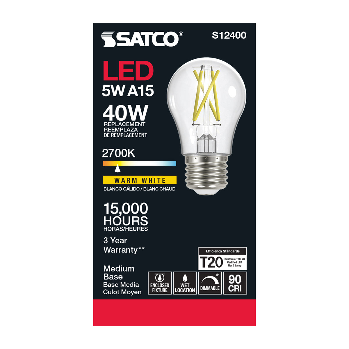 5 Watt A15 LED Filament - Clear - Medium Base - 2700K - 90 CRI - 120 Volt