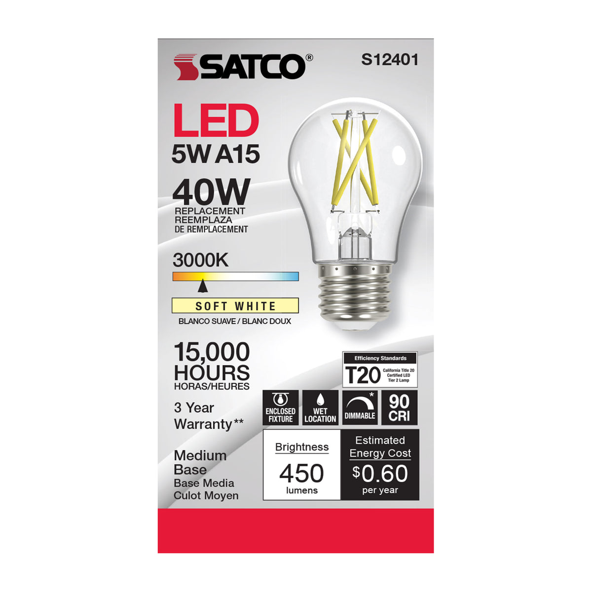 5 Watt A15 LED Filament - Clear - Medium Base - 3000K - 90 CRI - 120 Volt