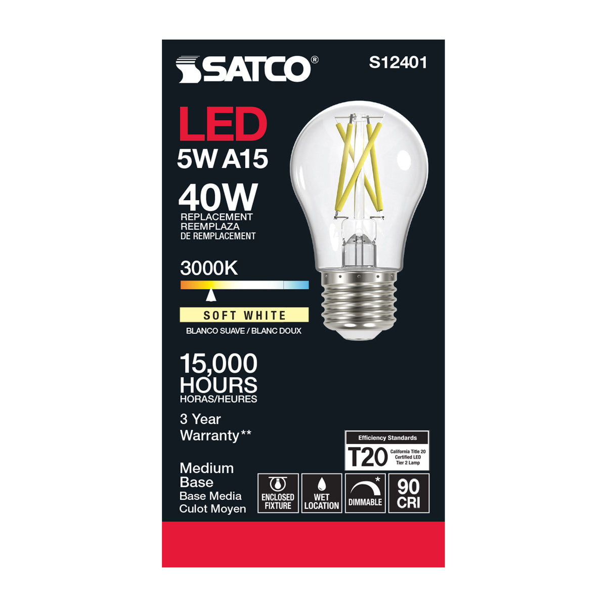 5 Watt A15 LED Filament - Clear - Medium Base - 3000K - 90 CRI - 120 Volt
