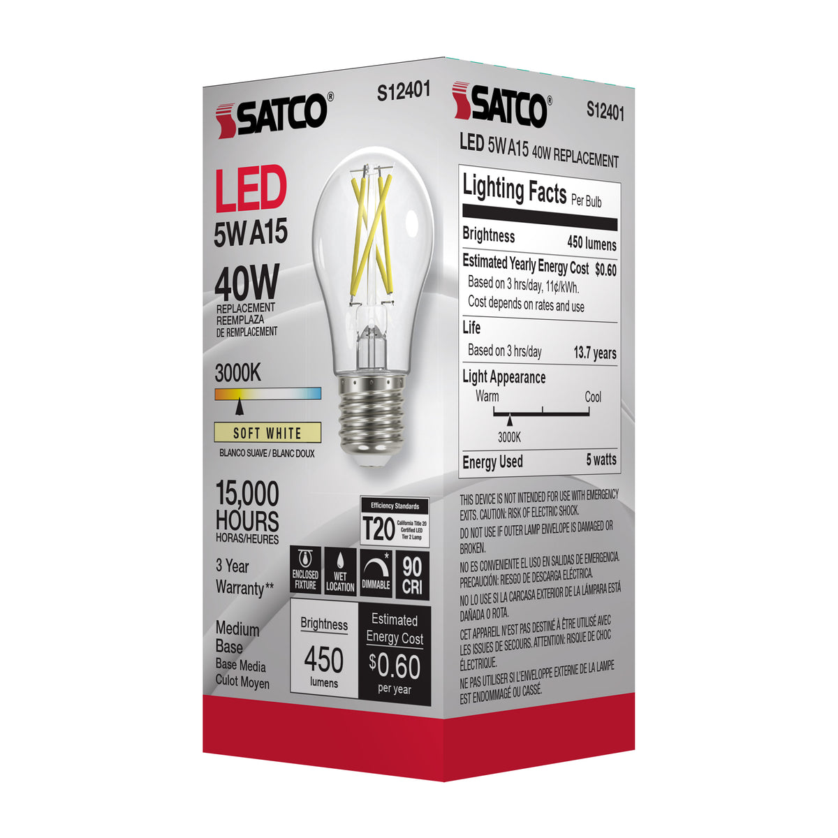 5 Watt A15 LED Filament - Clear - Medium Base - 3000K - 90 CRI - 120 Volt