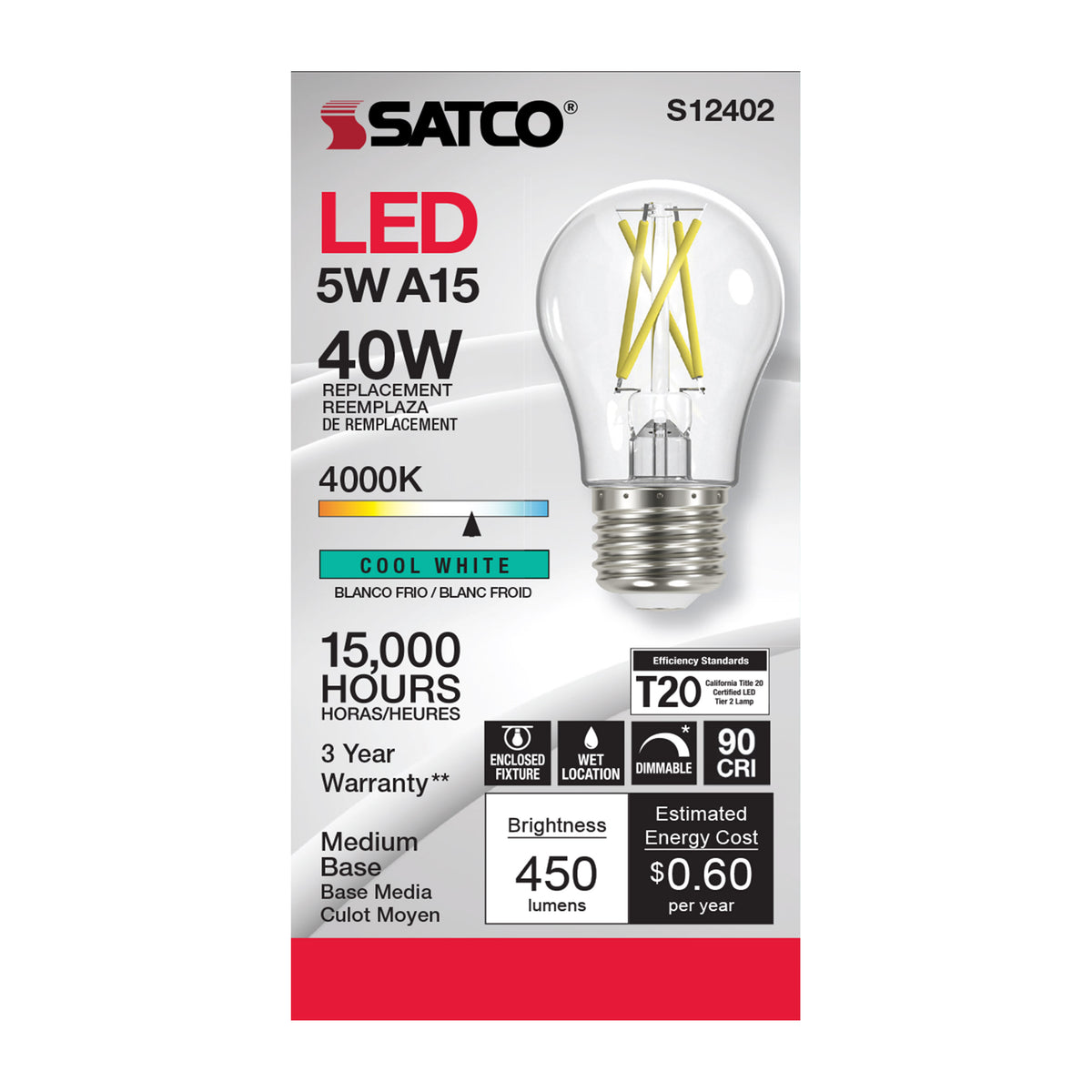 5 Watt A15 LED Filament - Clear - Medium Base - 4000K - 90 CRI - 120 Volt