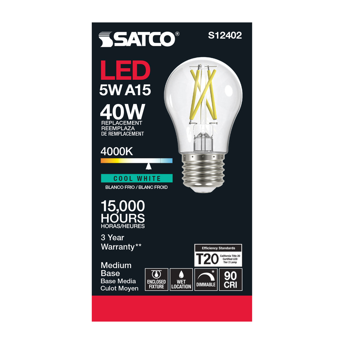 5 Watt A15 LED Filament - Clear - Medium Base - 4000K - 90 CRI - 120 Volt