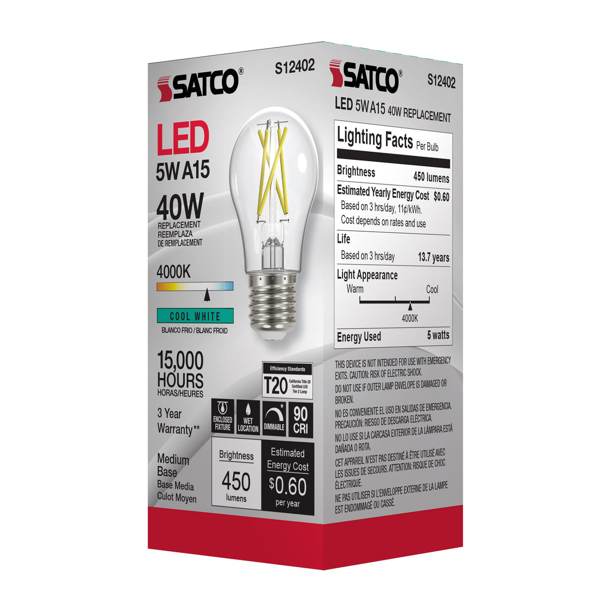 5 Watt A15 LED Filament - Clear - Medium Base - 4000K - 90 CRI - 120 Volt