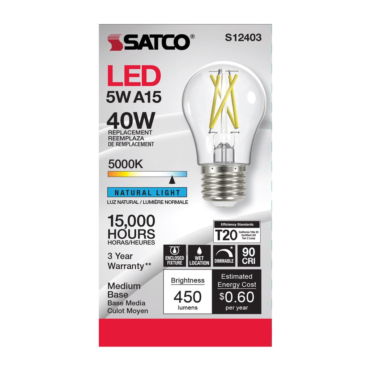 5 Watt A15 LED Filament - Clear - Medium Base - 5000K - 90 CRI - 120 Volt