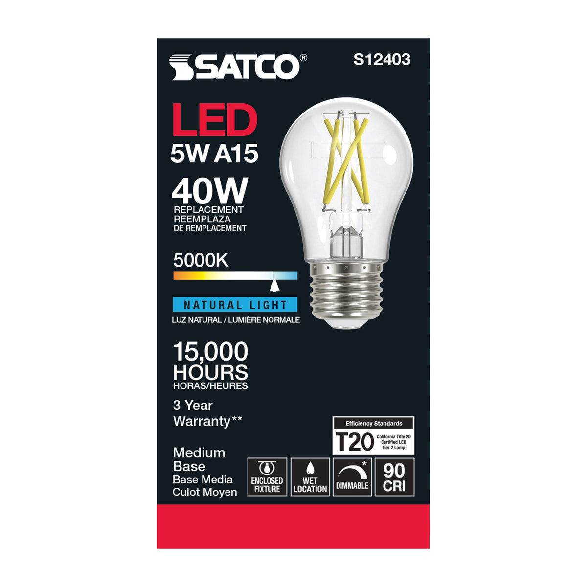 5 Watt A15 LED Filament - Clear - Medium Base - 5000K - 90 CRI - 120 Volt