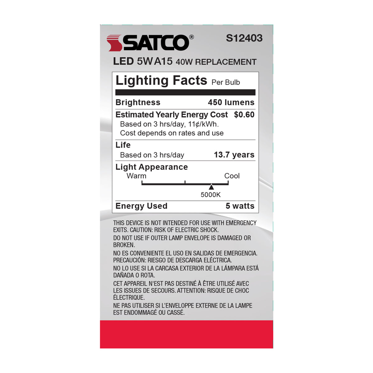 5 Watt A15 LED Filament - Clear - Medium Base - 5000K - 90 CRI - 120 Volt