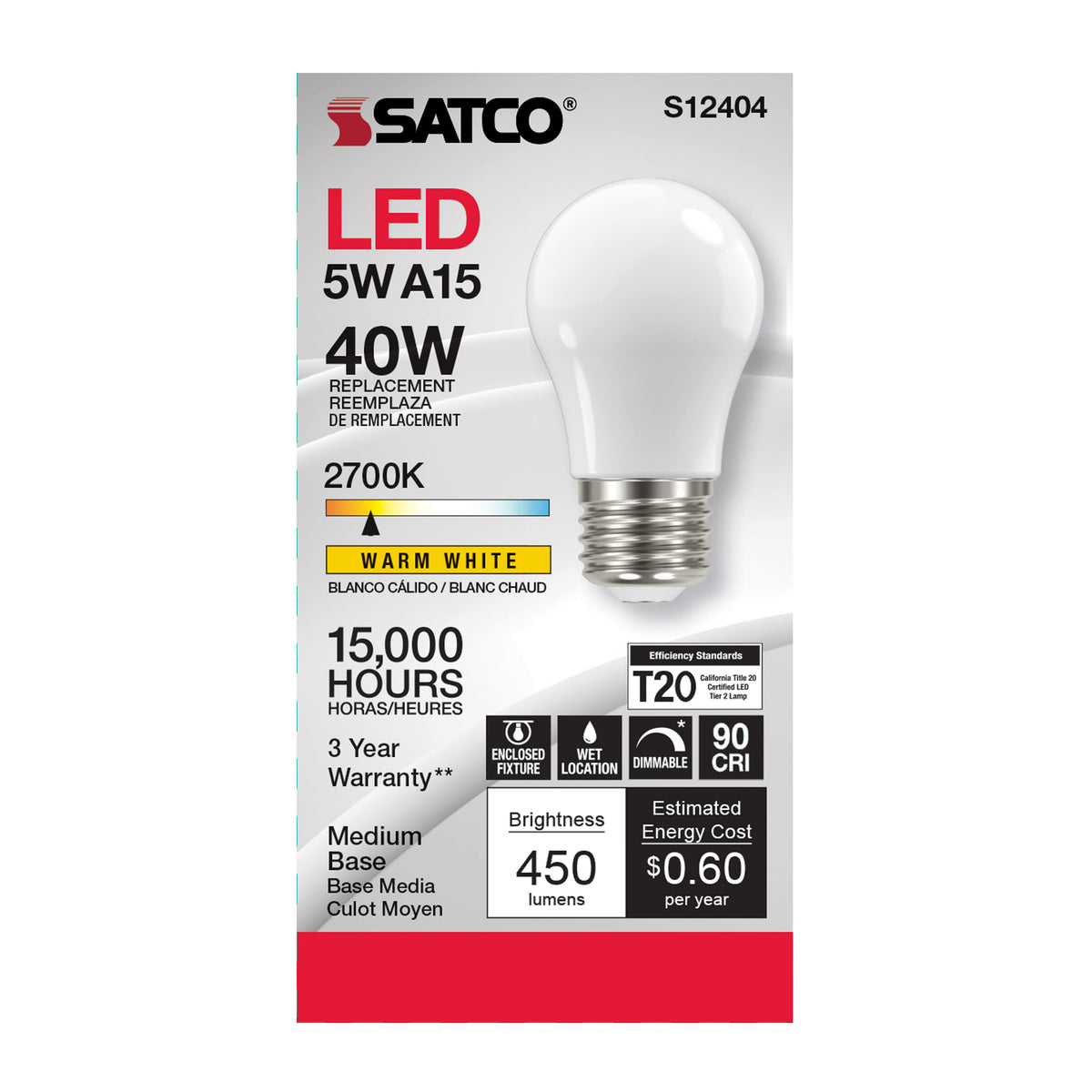 5 Watt A15 LED Filament - Soft White - 2700K - Medium base - 90 CRI - 120 Volt