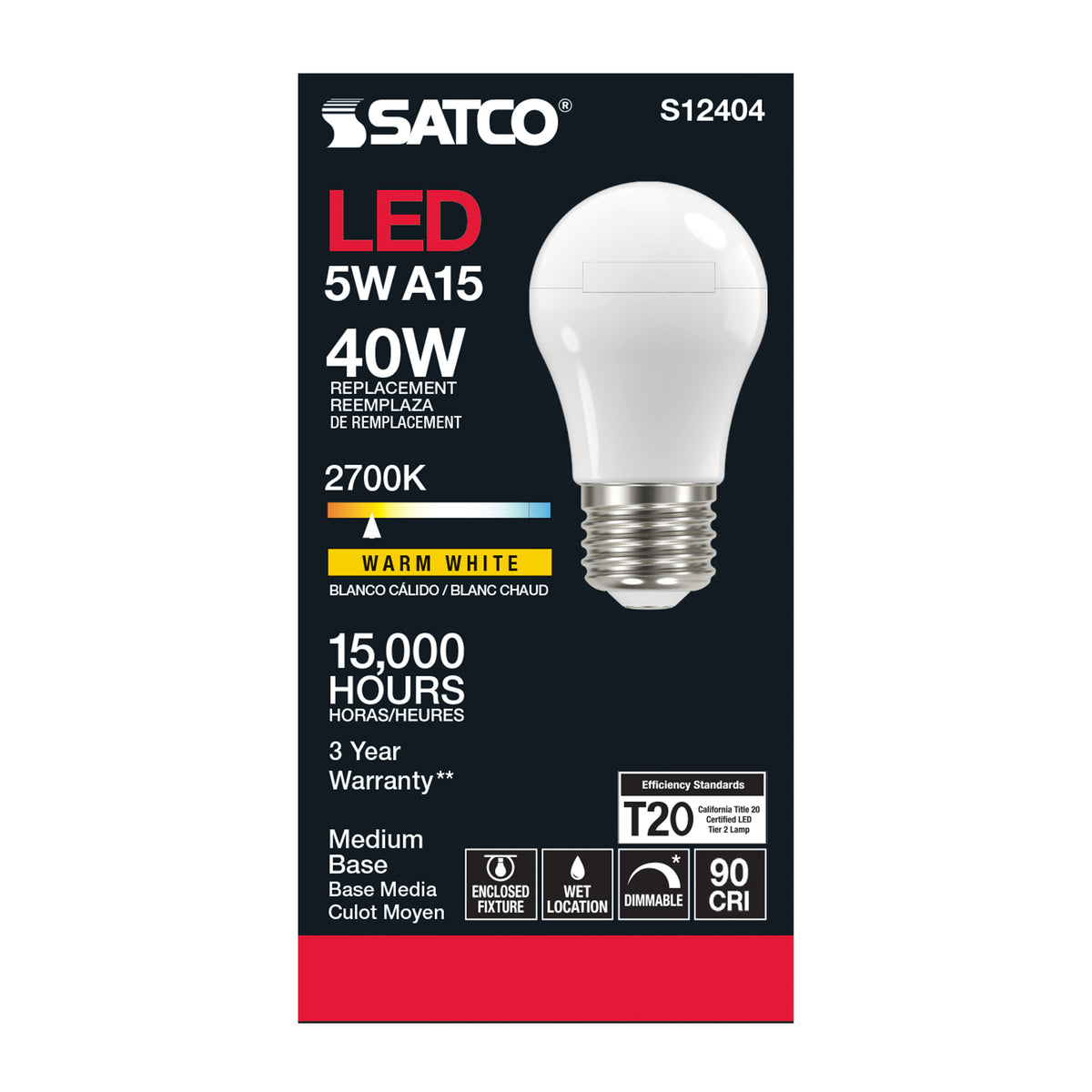 5 Watt A15 LED Filament - Soft White - 2700K - Medium base - 90 CRI - 120 Volt