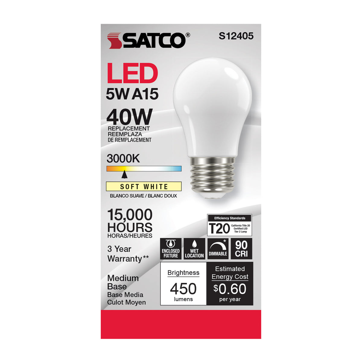 5 Watt A15 LED Filament - Soft White - 3000K - Medium base - 90 CRI - 120 Volt