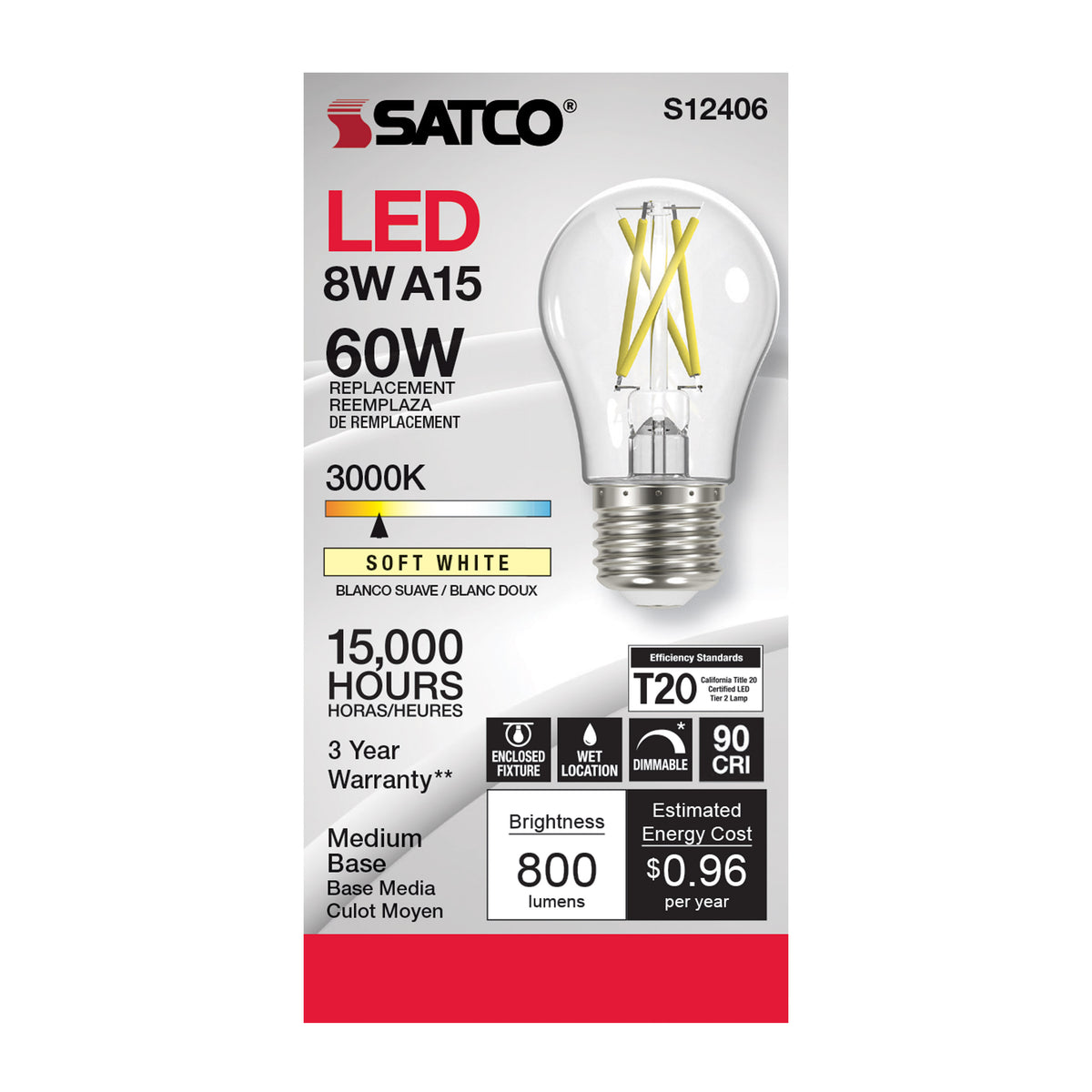 8.2 Watt A15 LED Filament - Clear - Medium Base - 3000K - 90 CRI - 120 Volt