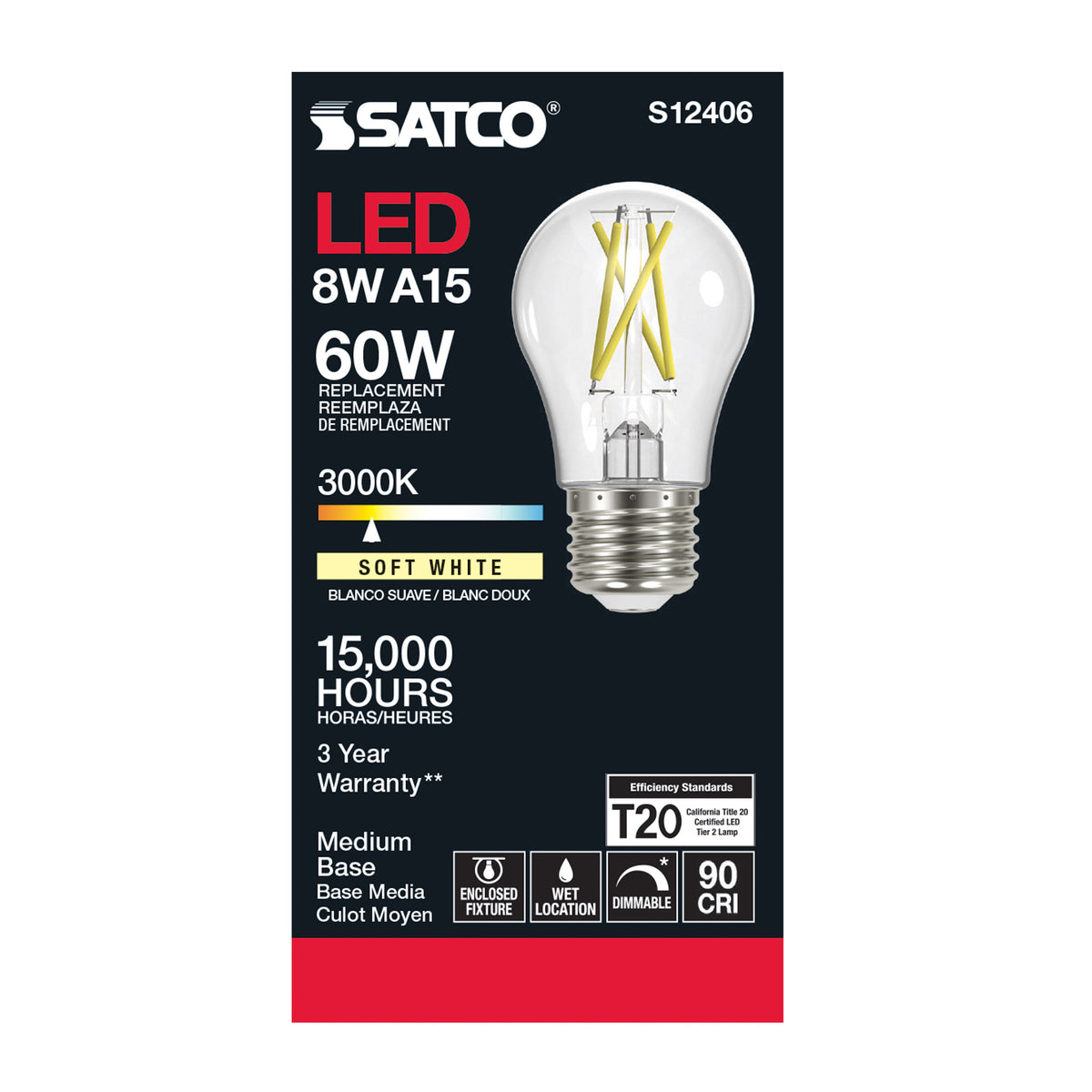 8.2 Watt A15 LED Filament - Clear - Medium Base - 3000K - 90 CRI - 120 Volt