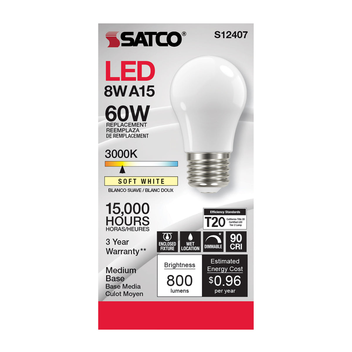 8.2 Watt A15 LED Filament - Soft White - Medium Base - 3000K - 90 CRI - 120 Volt