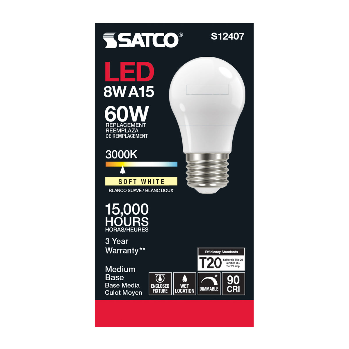 8.2 Watt A15 LED Filament - Soft White - Medium Base - 3000K - 90 CRI - 120 Volt