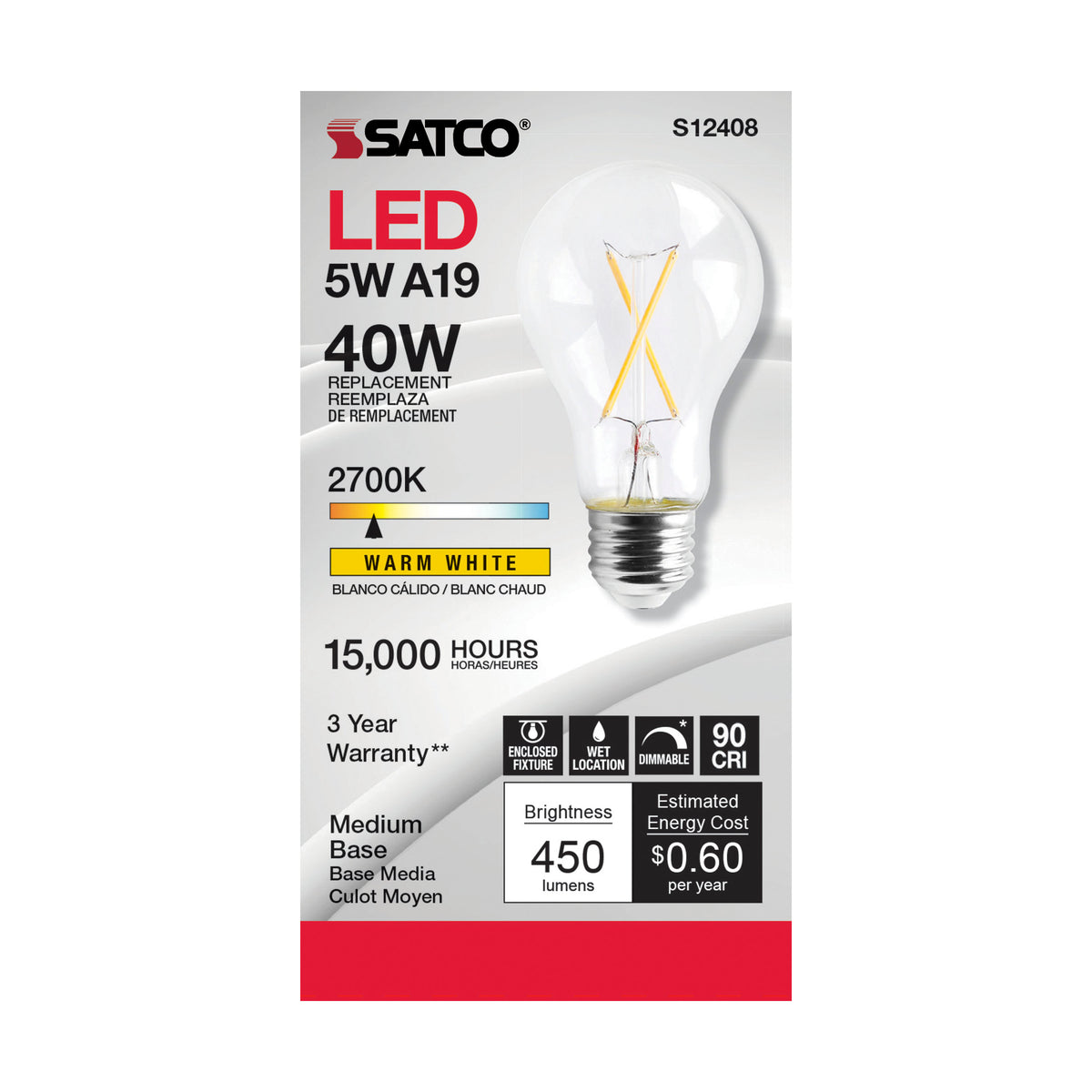 5 Watt A19 LED Filament - Clear - Medium Base - 2700K - 90 CRI - 120 Volt
