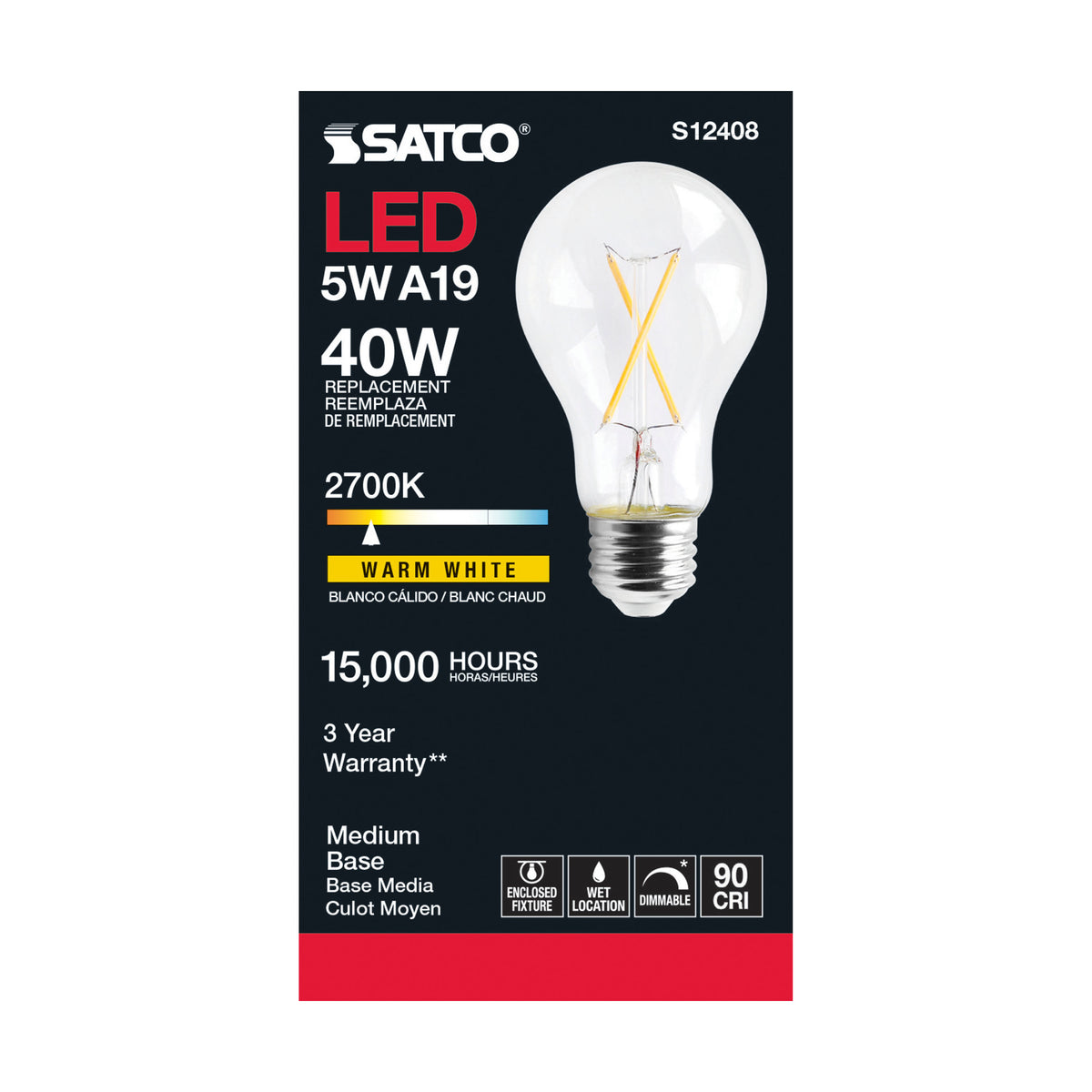 5 Watt A19 LED Filament - Clear - Medium Base - 2700K - 90 CRI - 120 Volt